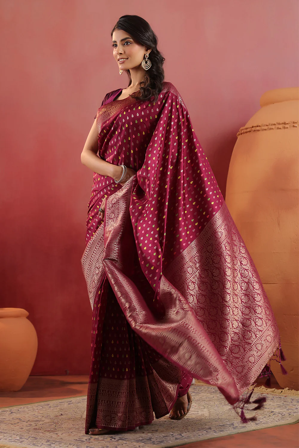Wine Soft Silk Woven Saree - Image 7