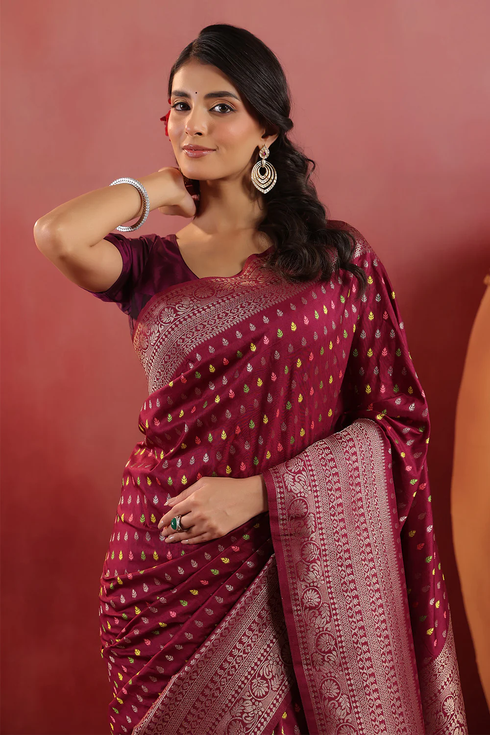 Wine Soft Silk Woven Saree - Image 8