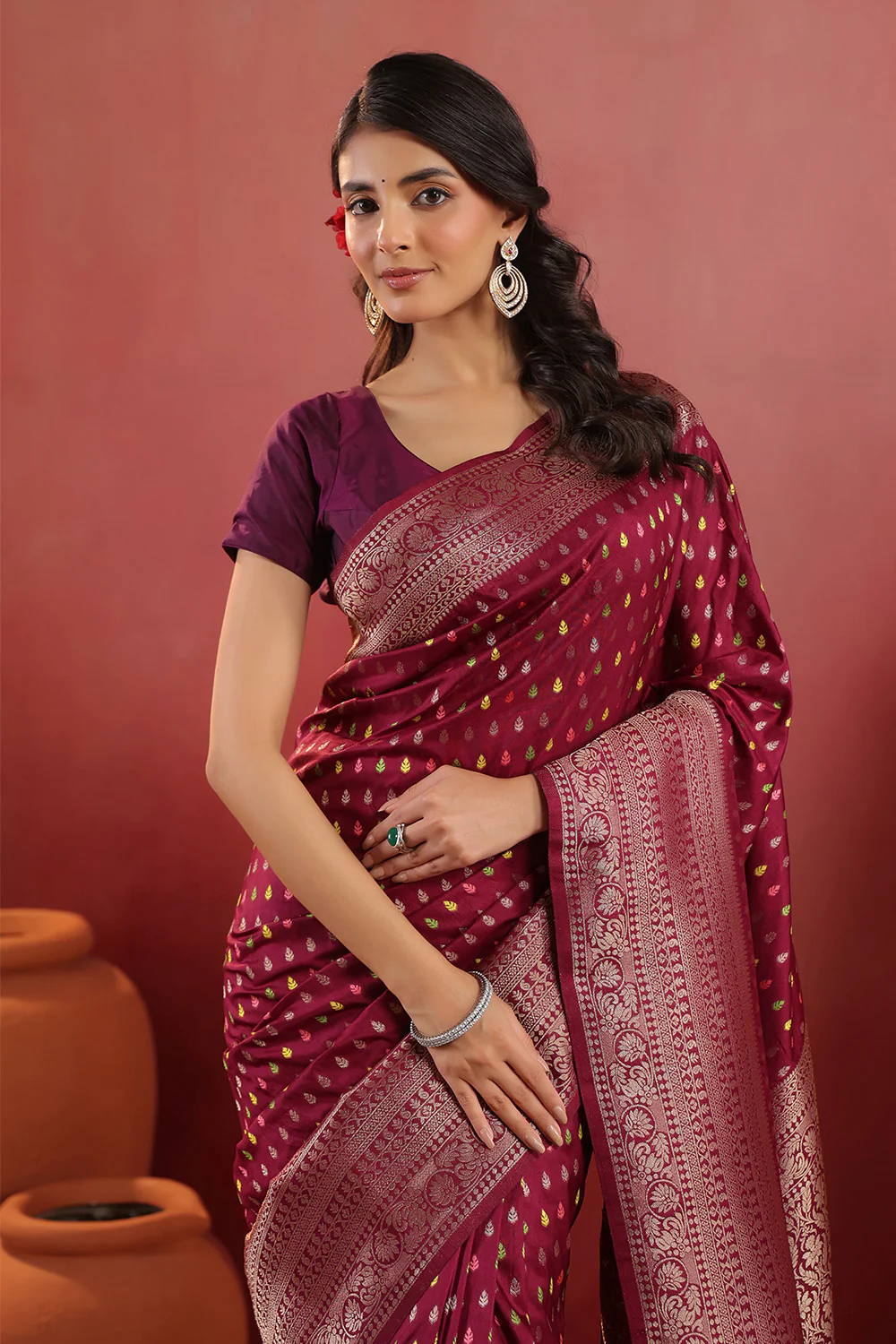 Wine Soft Silk Woven Saree - Image 9