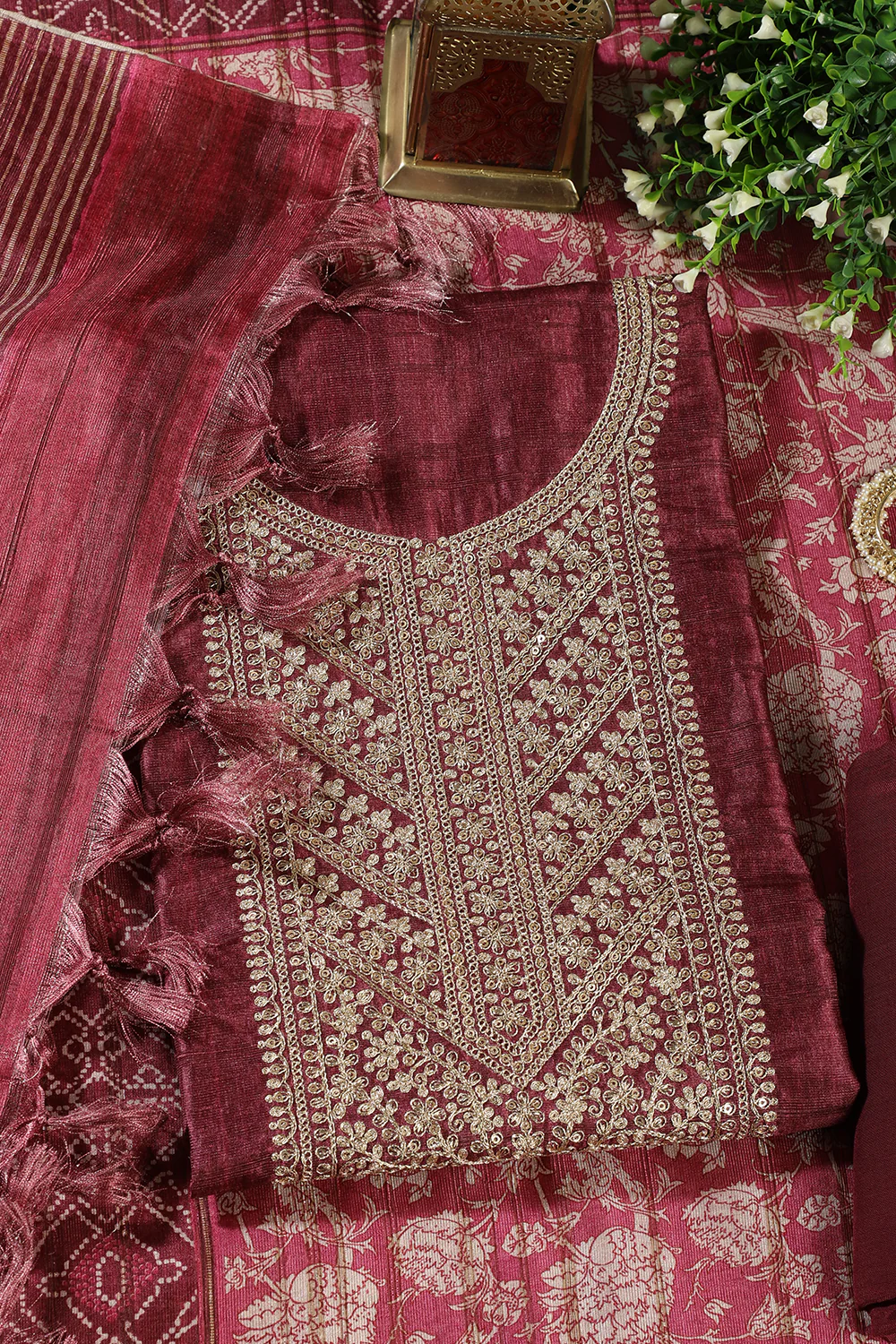 Wine Tussar Silk Neck Zari Embroidered Unstitched Suit - Image 2