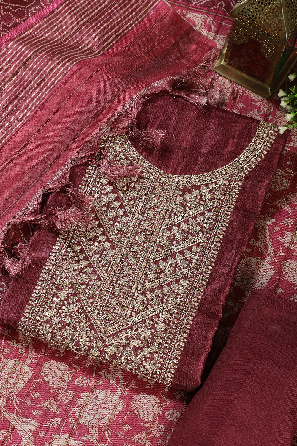 Wine Tussar Silk Neck Zari Embroidered Unstitched Suit - Image 3