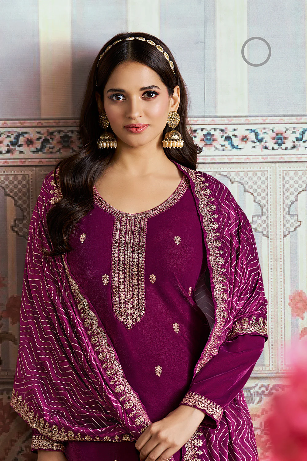 Wine Velvet Sequins and Zari Embroidered Unstitched Suit Fabric - Image 2