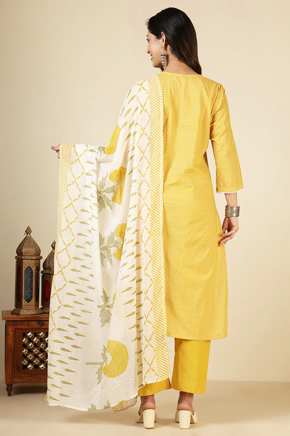 Yellow Cotton Emboridered And Printed Suit Set - Image 3