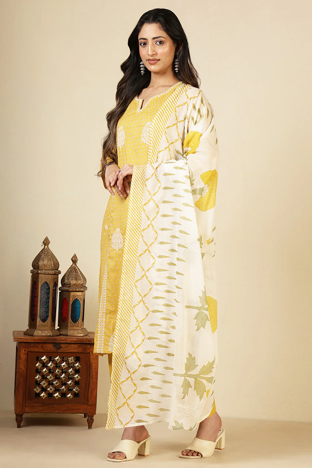 Yellow Cotton Emboridered And Printed Suit Set - Image 4