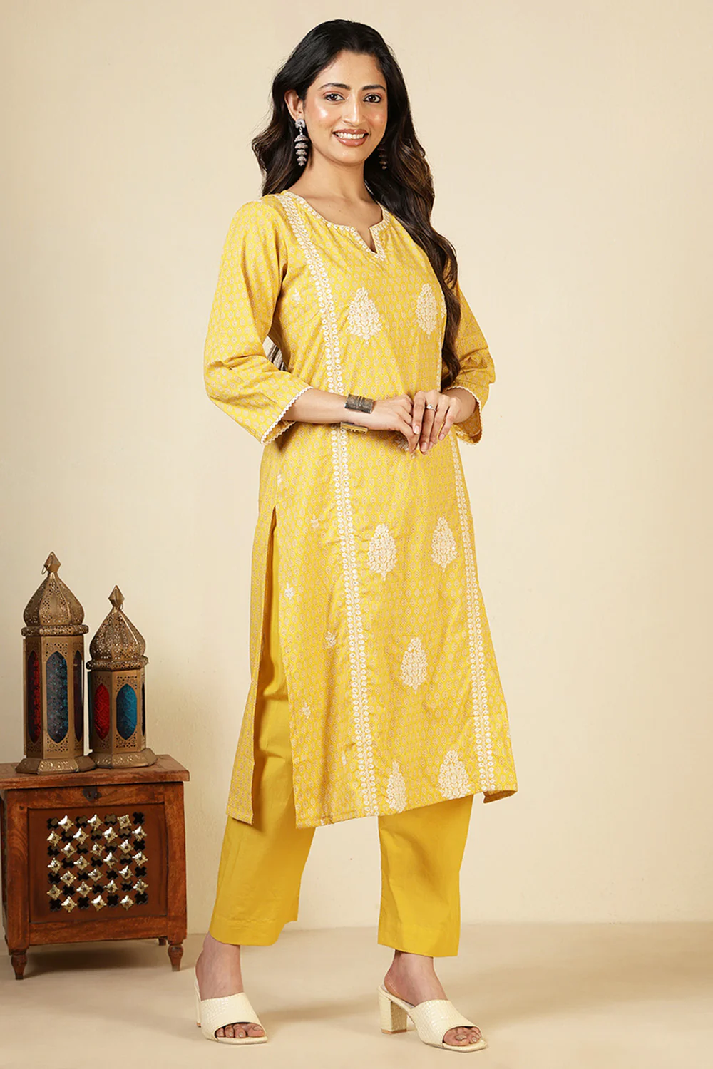 Yellow Cotton Emboridered And Printed Suit Set - Image 5