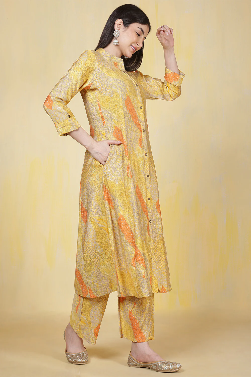 Yellow Cotton Printed Long Kurta Set - Image 3