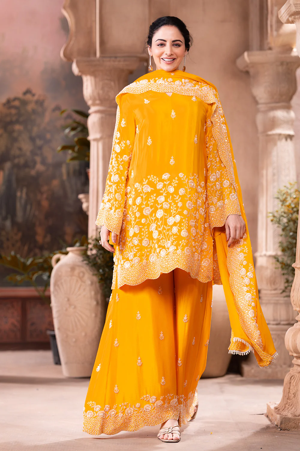 Yellow Pure Silk Floral Embroidered Suits With Embroidered Pallazo - Image 2