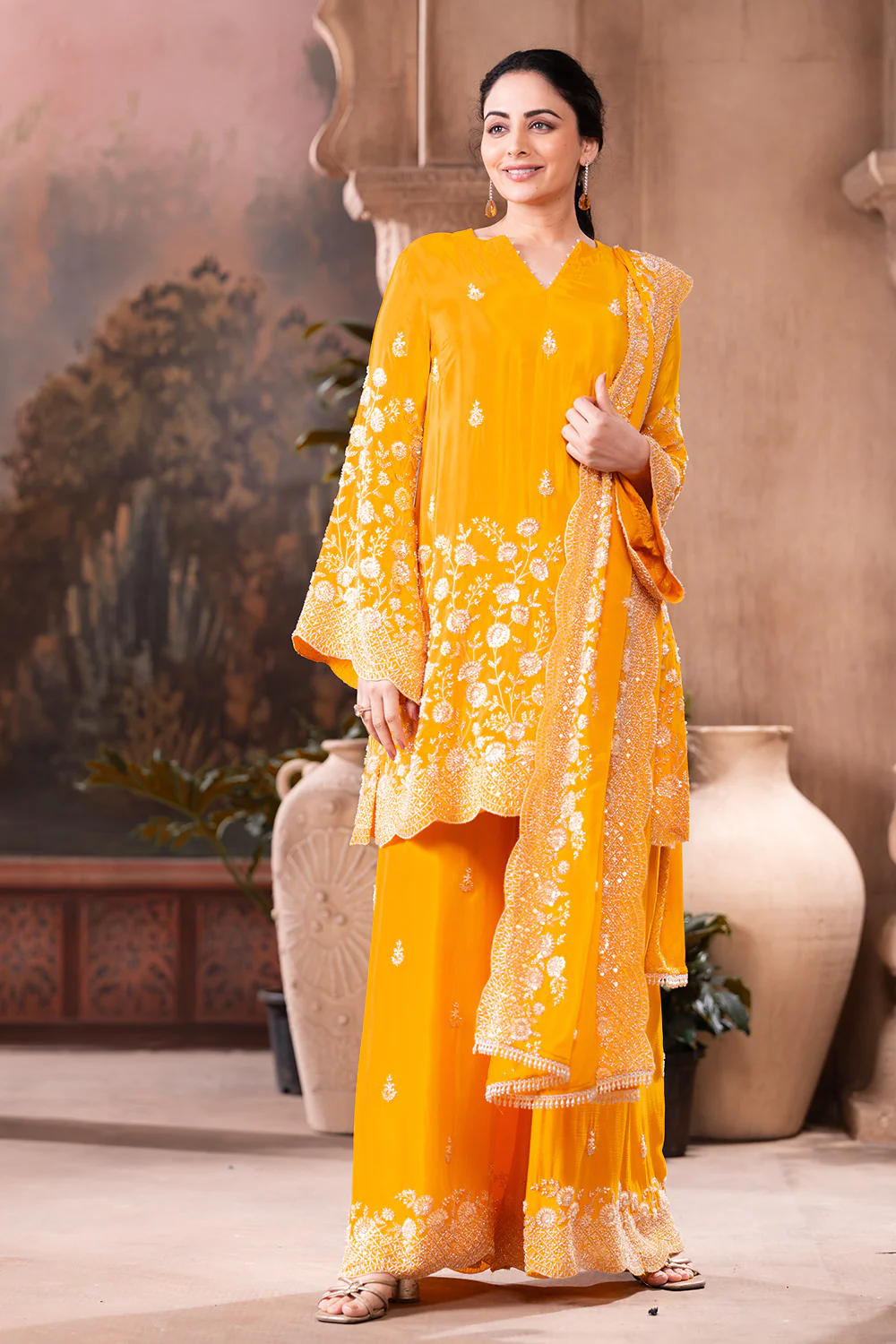 Yellow Pure Silk Floral Embroidered Suits With Embroidered Pallazo - Image 5