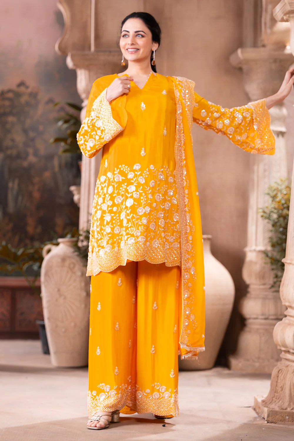 Yellow Pure Silk Floral Embroidered Suits With Embroidered Pallazo - Image 6