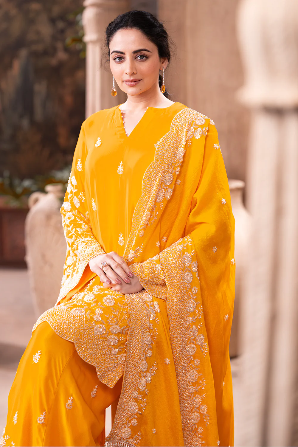 Yellow Pure Silk Floral Embroidered Suits With Embroidered Pallazo - Image 8