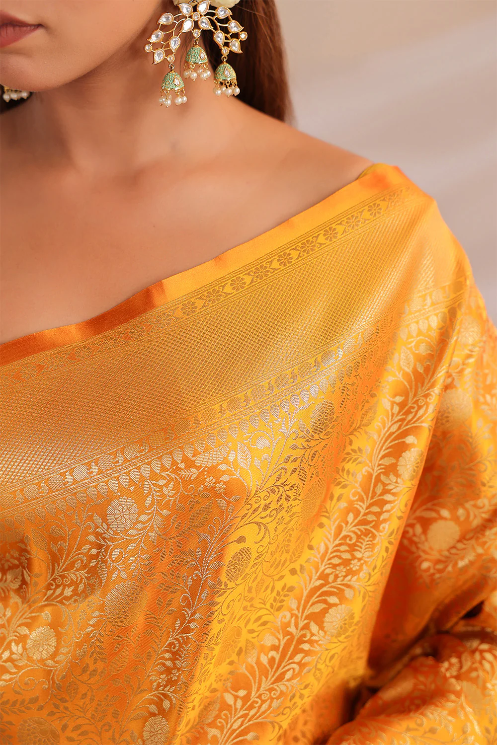 Yellow Silk Zari Floral Zaal Woven Saree - Image 10