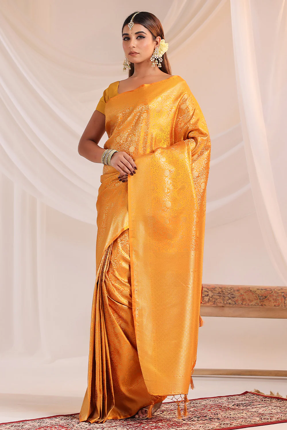 Yellow Silk Zari Floral Zaal Woven Saree - Image 2
