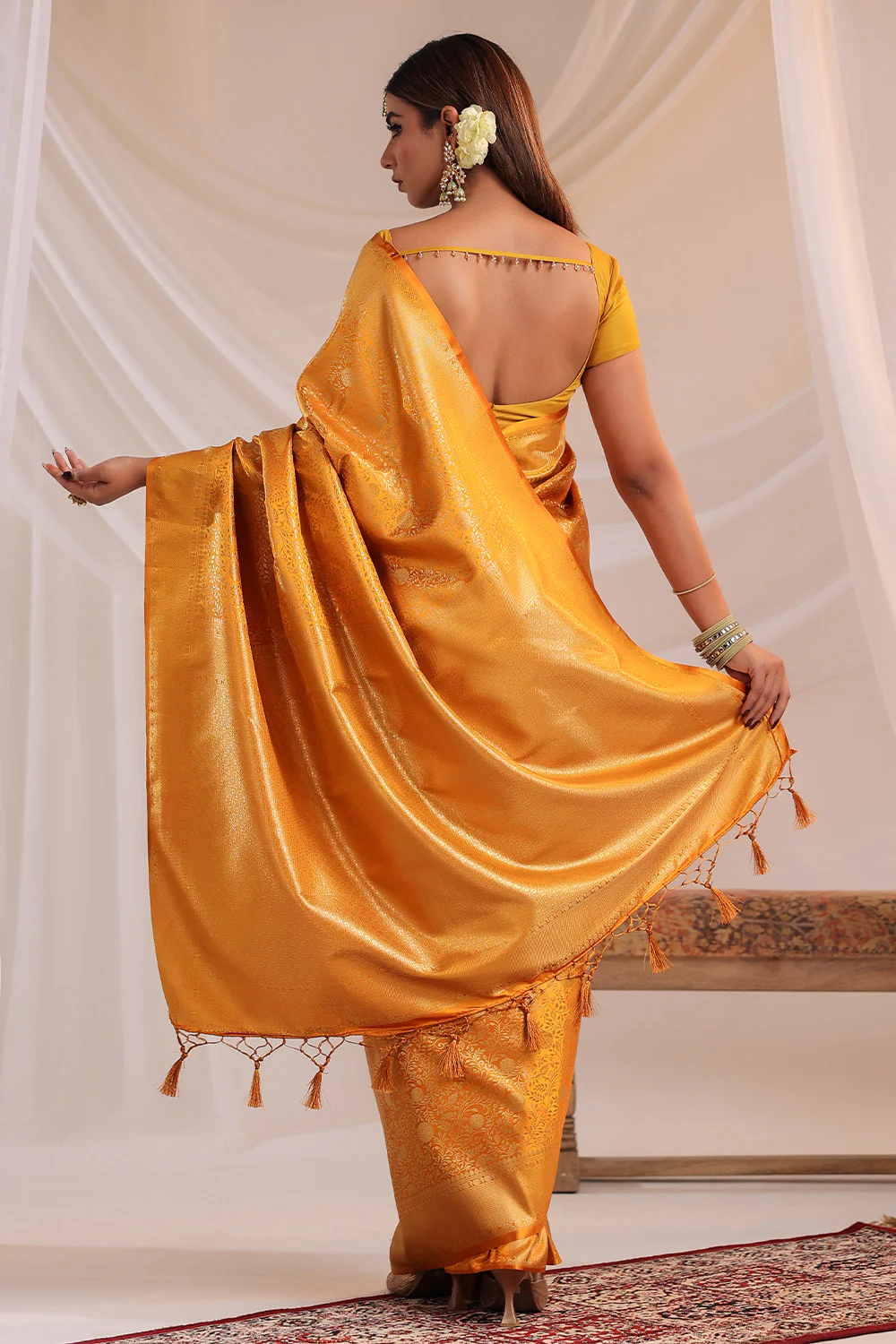 Yellow Silk Zari Floral Zaal Woven Saree - Image 3