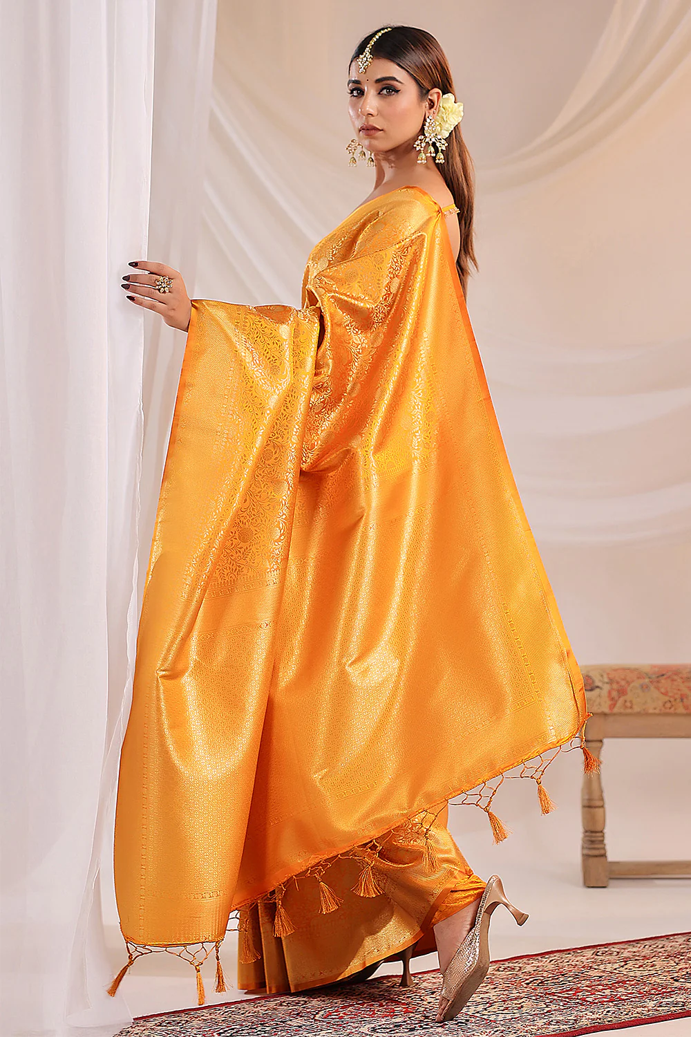 Yellow Silk Zari Floral Zaal Woven Saree - Image 4