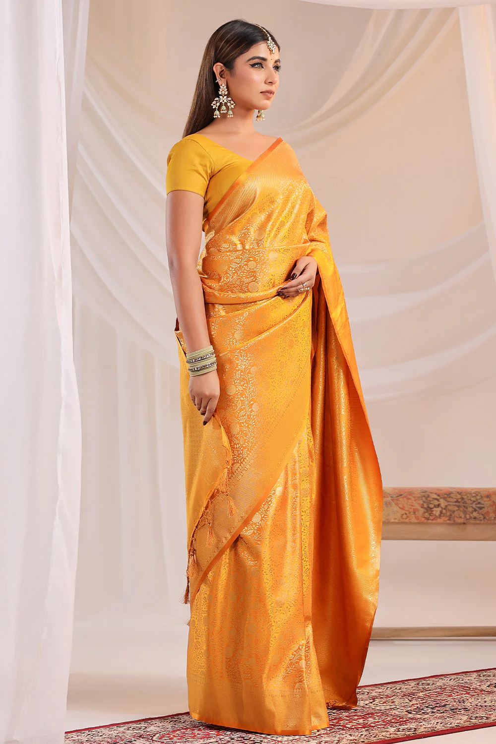Yellow Silk Zari Floral Zaal Woven Saree - Image 5