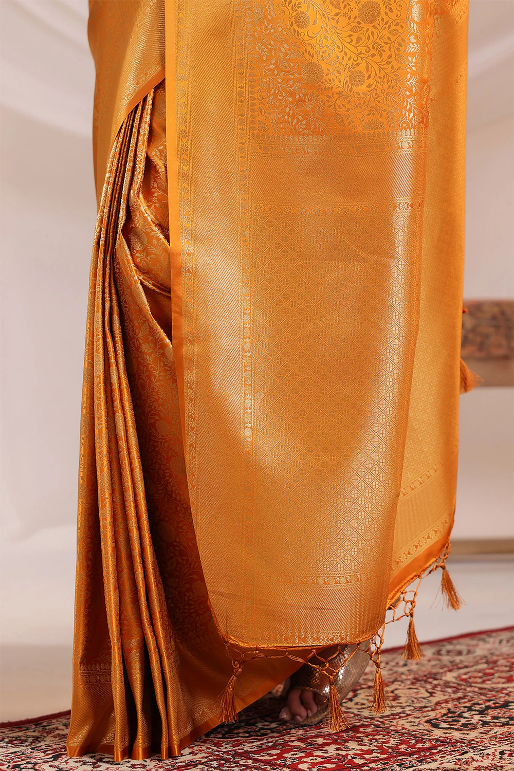 Yellow Silk Zari Floral Zaal Woven Saree - Image 8